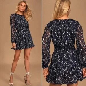 Lulus Mini Dress Women M Navy Blue Floral Smocked Long Sleeve Too Cute Chiffon
